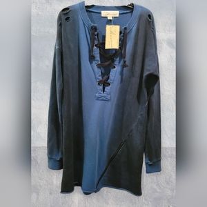 New "Vintage Havana" Distressed Lace Up Sweater Dress or Long Sweatshirt NWT